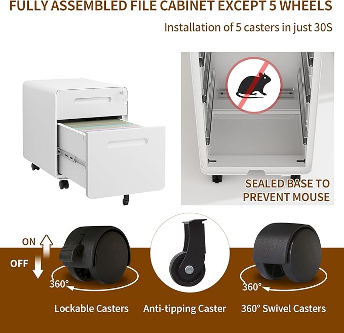 2 Drawer File Cabinet with Lock and 4 Keys, Mobile Metal Filing Cabinet, File Cabinets for Home Office, Under Desk, Pre-Assembly, File Drawer, Letter/Legal/A4 Hanging File Folders