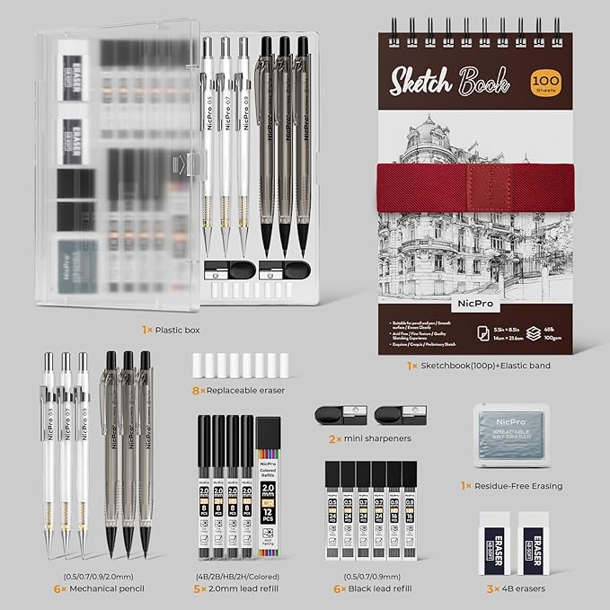 Nicpro 26PCS Art Drawing Supplies Kit, Mechanical Pencils Set 0.5, 0.7, 0.9 & 2mm, 100 Sheets Sketch book, 172PCS Lead Refills, School Supplies Gifts for Artist Adults Teens Girls Boys Kids Sketching