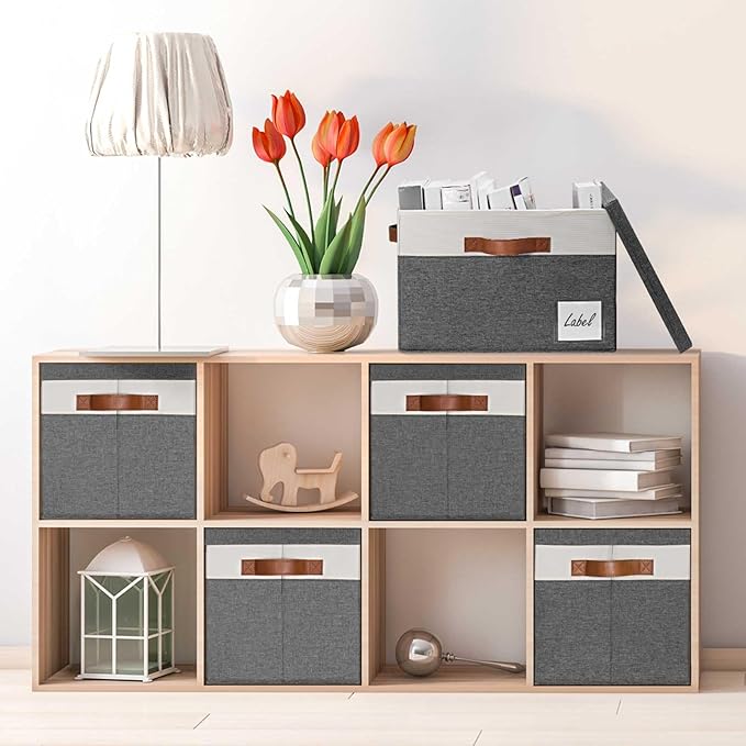 GhvyenntteS Storage Bins with Lids 3 Pack, Large Storage Baskets with Lids and Label, Foldable Fabric Storage Boxes with 3 PU Handles for Organizing Shelves Home Nursery Office (Grey, 15x11x9.6)