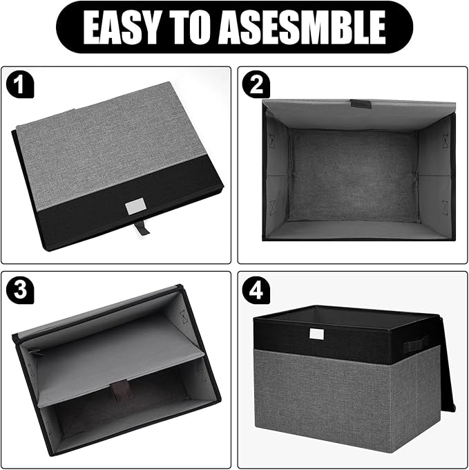 Large 17" 42 Quarts Collapsible Stackable Storage Bins with Lids [3-Pack] Foldable Fabric Linen Storage Boxes Cube, Closet Organizer Baskets with Label for Home (16.7 x 12 x 12", Black & Gray)