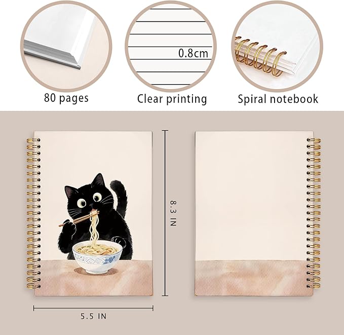 LIANHW Funny Black Cat Notebook, Cats Lover Gifts Notebooks for Note Taking, Cats Mom Lady Gifts Journal, Black Kitten Eat Noodles Journals for Writing, Cat Office Supplies, 5.5x8.3 Inch
