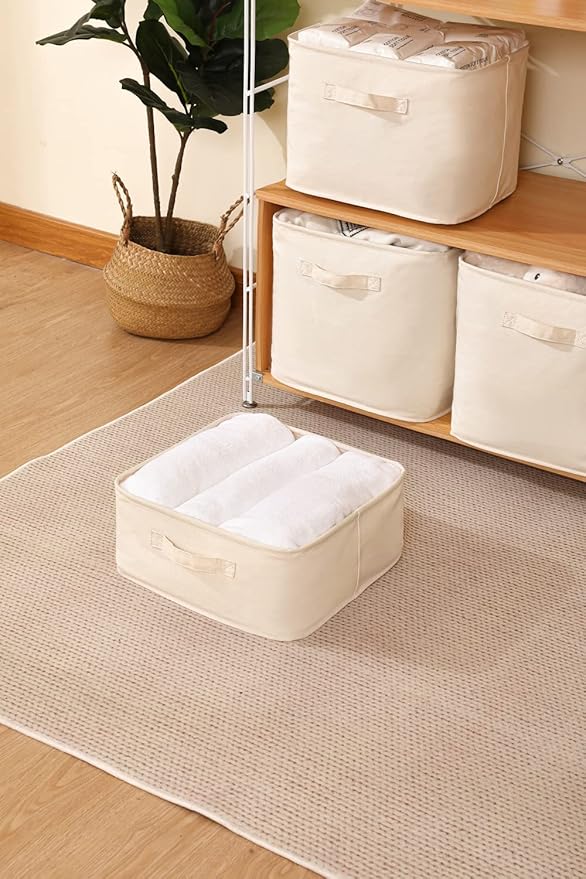 Decorative Basket Rectangular Fabric Storage Bin Organizer Basket with Handles for Clothes Storage (13.7 x 13.7 x 12.5, Beige)