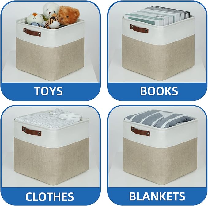 Temary Fabric Storage Baskets 12x12 Cube Bins 4 Pack Cloth Baskets for Shelf, Storage Cubes Bins Gift Empty (White&Khaki)