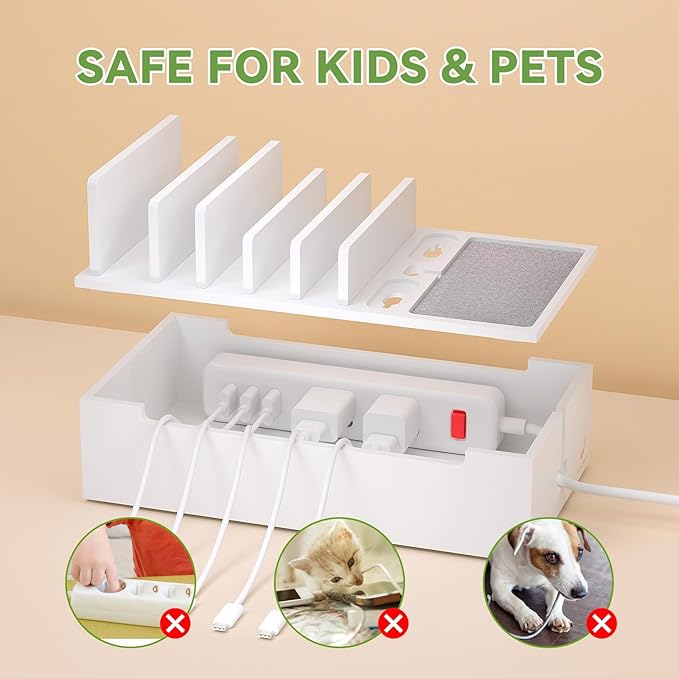 Pezin & Hulin Bamboo Charging Dock Station for Electronic Devices, Docking Organizer for Phone and Tablets, Smart Watch, Earbuds, Power Strip Box (Included 5-Port USB Charger and 5 Cables) -White