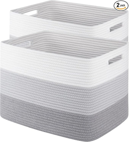 Storage Baskets for Organizing, 2 Pack Woven Basket for Storage, Rectangle Baskets for Shelves Closet Organizers, Toy Basket for Nursery Storage Living Room, Laundry Room, Bedroom (Gradient Grey)