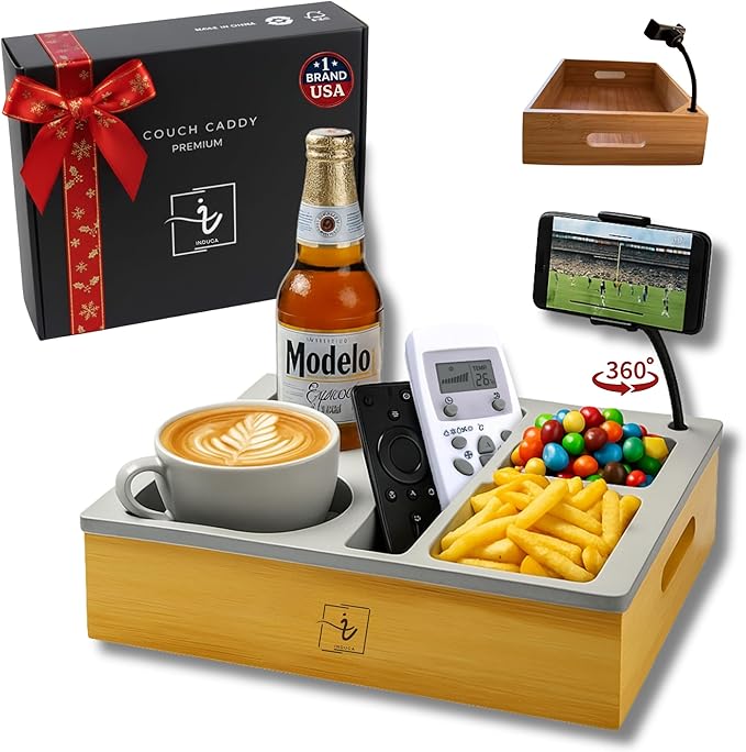 Couch Caddy with Cup Holder | Bamboo Couch Cup Holder Tray for Drinks, Snacks & Remotes | Couch Tray for Bed, Car Seat & Beach Organizer (Grey)