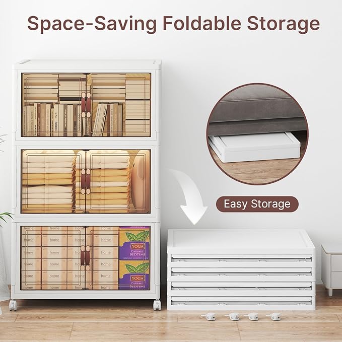 360Qt Stackable Storage Bins with Lids, 3 Pack Large Collapsible Bins with Wheels, Plastic Cabinet with Doors, Foldable Closet Organizers and Storage for Home, Dorm, Office, White