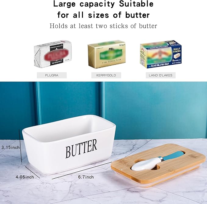 Large White Butter Dish with Lid and Knife for Countertop, Ceramic Covered Butter Stick Holder Container for Fridge
