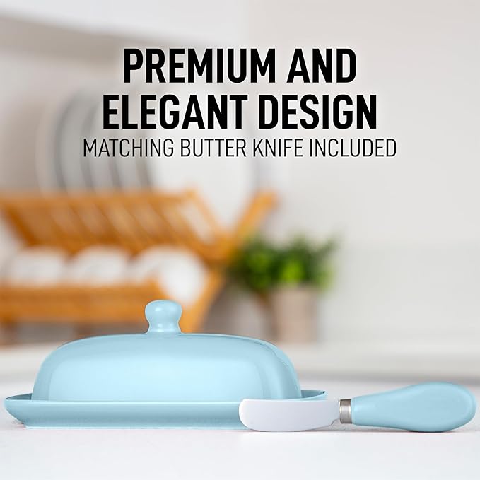 Zulay Kitchen Butter Dish With Lid For Countertop - Porcelain White, Ceramic Butter Dish with Knob Handle Great for Cooking - Elegant Design Butter Holder - Durable & Sturdy Butter Keeper - Light Blue