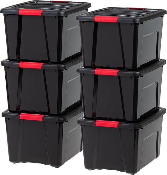 IRIS USA 40 Qt Stackable Plastic Storage Bins with Lids, 6 Pack - BPA-Free, Made in USA - Garage Organizing Solution, Latches, Durable Nestable Containers, Secure Pull Handle - Black