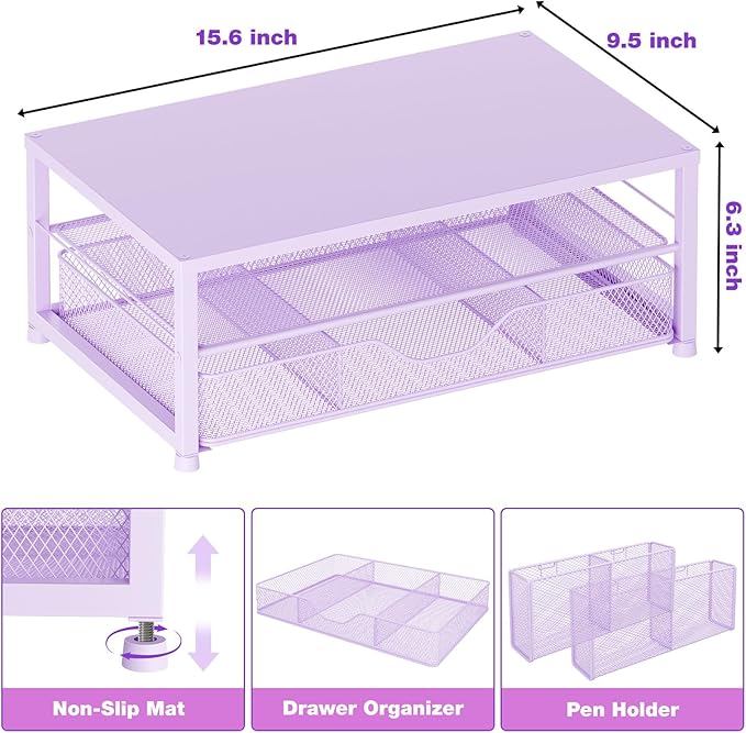 Desk Organizers and Accessories, 2-Tier Computer Monitor Stand Riser with Drawer and 2 Pen Holders, Laptop Stand, Office Desk Accessories for Office Supplies, Purple