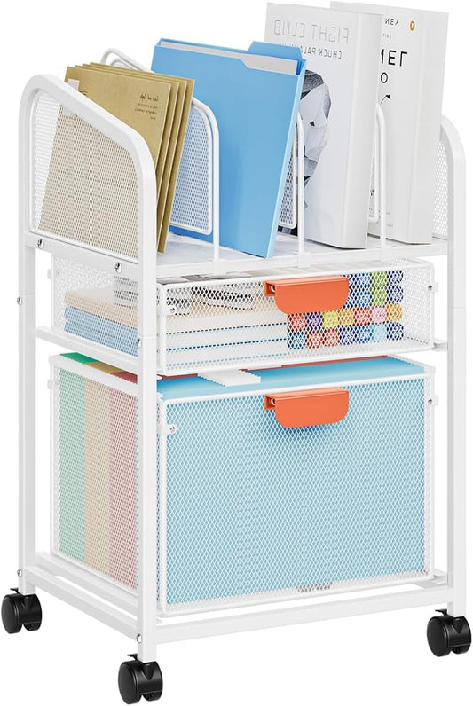 Marbrasse Rolling File Cart with Adjustable Dividers, Mobile File Cabinet on Lockable Wheels, Office Filing Cabinet Organizer, Hanging File Folder Organizer for Home Office - White