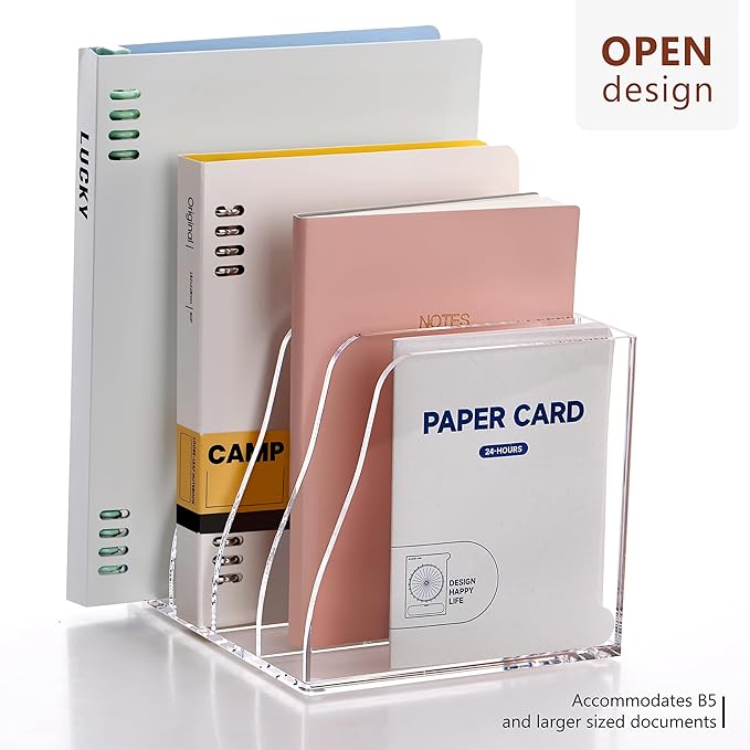 SANRUI Acrylic File Organizer, Compact Desk Organizer for Folders, Binders, Notebooks, Envelopes, Vertical Binder Storage Organizer, 4 Section Bookshelf for School Home Office Organization