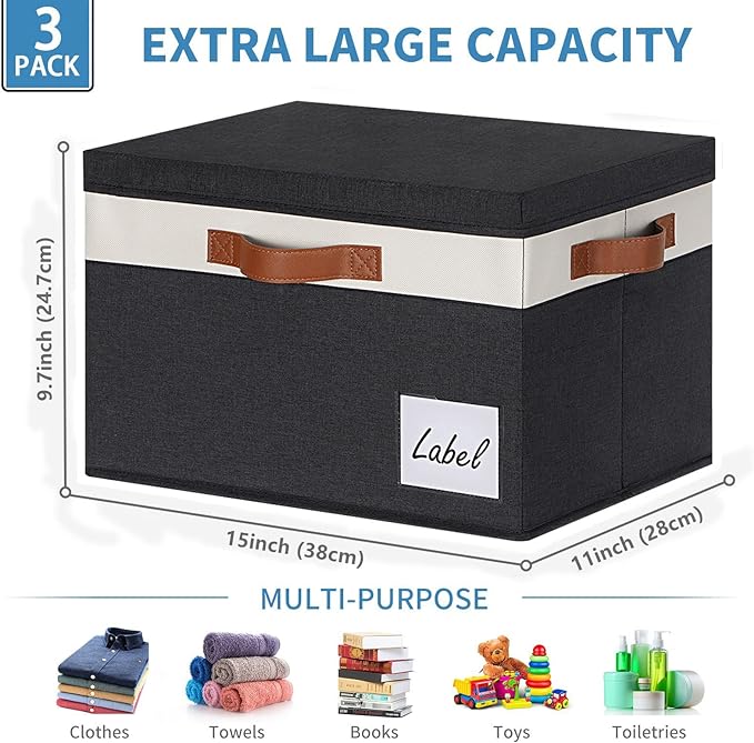GhvyenntteS Large Storage Bins with Lids (3 Pack), Storage Baskets with Lid and Label Window, Foldable Fabric Storage Boxes with 3 Handles for Home Office College Dorms (Black, 15" x 11" x 9.7")