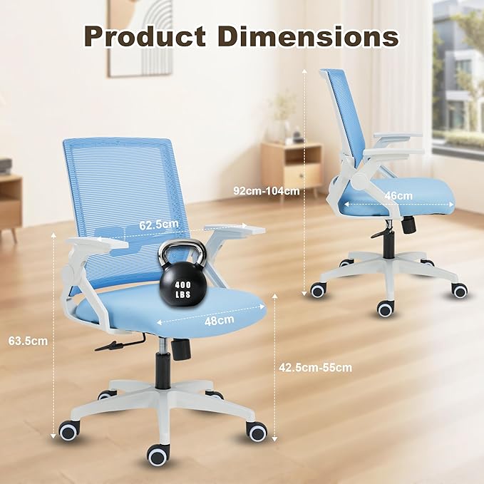 Ergonomic Office Chair Desk Chair with Adjustable Height Mesh Computer Chair Swivel Chair with Flip-up Arms and Lumbar Support Blue