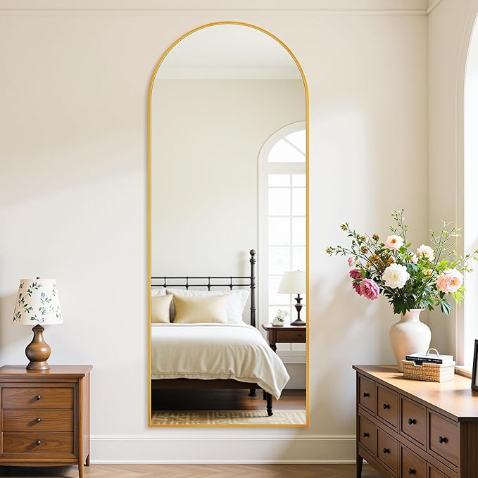 Full Length Mirror, 59"x18" Oversized Floor Mirror Freestanding, Full Body Mirror Floor Standing Mirrors with Stand, Hanging Mounted Mirrors for Bedroom Living Room, Gold, Arched Style