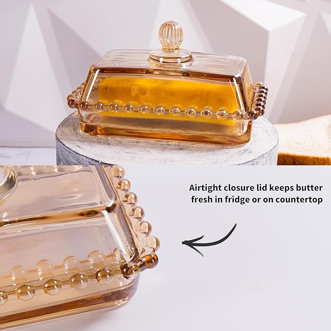 Glass Butter Dish with Lid for Countertop, Champagne Color Crystal Covered Butter Stick Holder Tray, Glass Butter Storage Container for Refrigerator