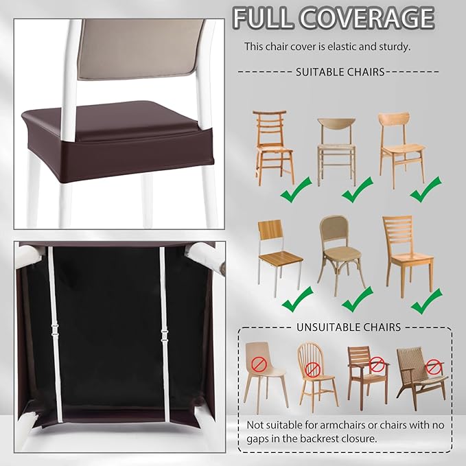 CWK Waterproof PU Leather Dining Chair Covers Set of 2-Stretchable Chair Seat Slipcovers, Removable & Washable Protector for Dining Room,Home,Office,Wedding,Rear Covers (PU-Coffee)
