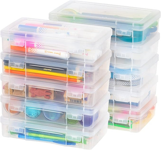 IRIS USA Pencil Case Boxes, 10-Pack, |Made in USA|, Plastic Bead Organizing Containers with Snap Lid for Arts, Crafts, Ephemera, Stickers, & Dance Cheer, Clear - Medium