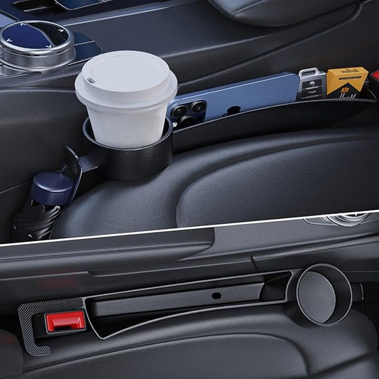 Car Seat Gap Plug with Storage Slot, Auto Gap Filler Organizer with Cup Holder, Universal Carseat Side Gap Filler Strip 2 Pack Between Front Seats & Console, Anti-Drop Pad with Seatbelt Holes, Black
