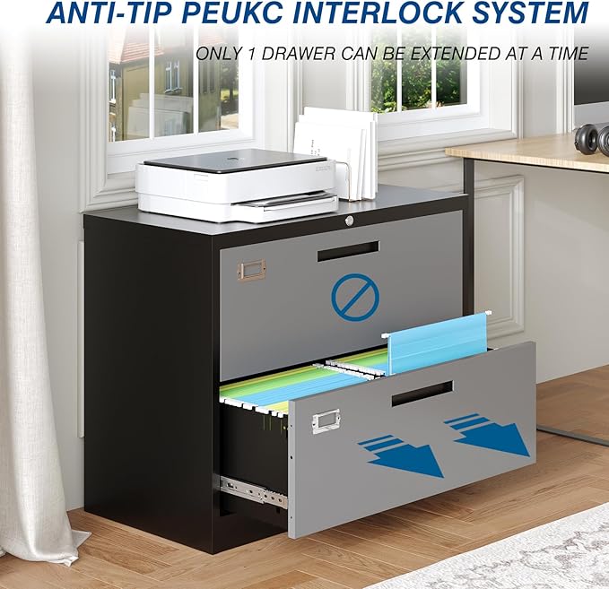 2 Drawer File Cabinet, Lateral Filing Cabinets for Home Office, Office Storage Drawers with Lock, Hanging Files Legal/Letter A4 Size (Assemble Required,Black Grey)