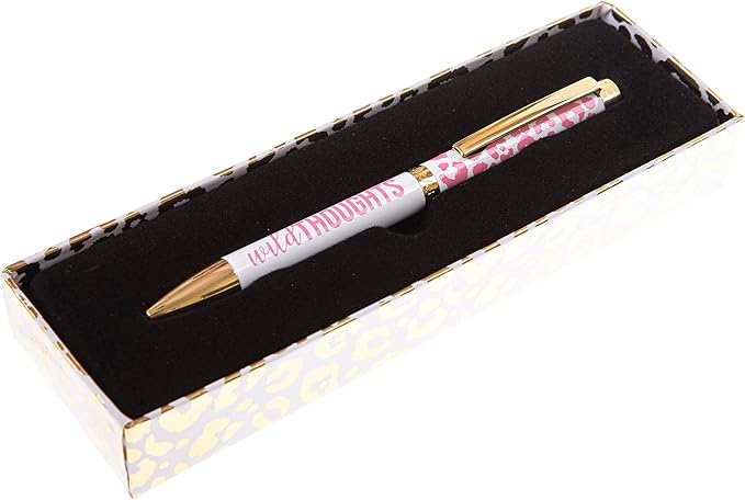 Graphique Fashion Pen, 5.5" Refillable Black Ink Ballpoint Pink Cheetah w/Wild Thoughts Quote & Matching Gift Box, Makes a Beautiful, Unique Gift