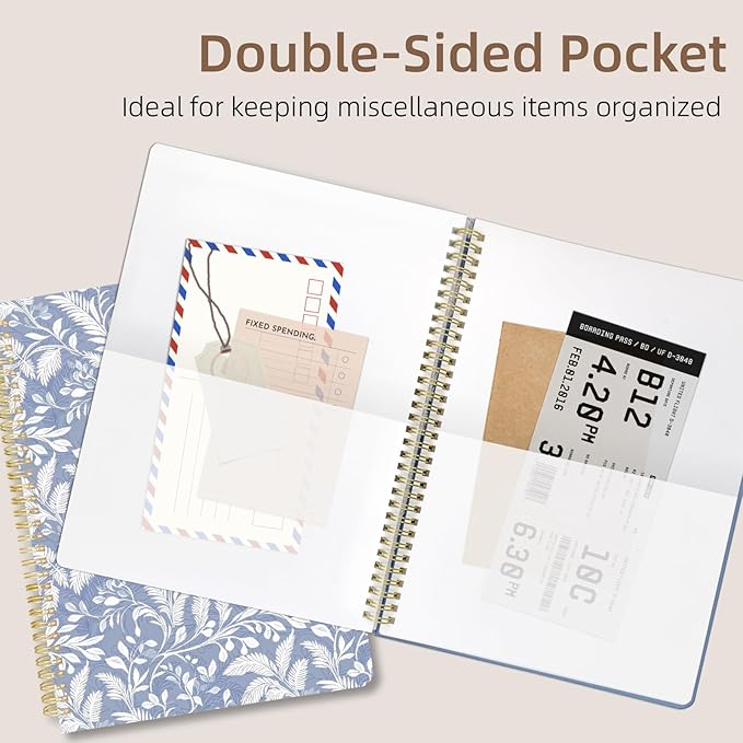 Cute Spiral Notebook journal A4 Aesthetic Pretty Design for Women Girls Kawaii with Pocket, 8.5 x 11 inch, Lined, Blue Leaves