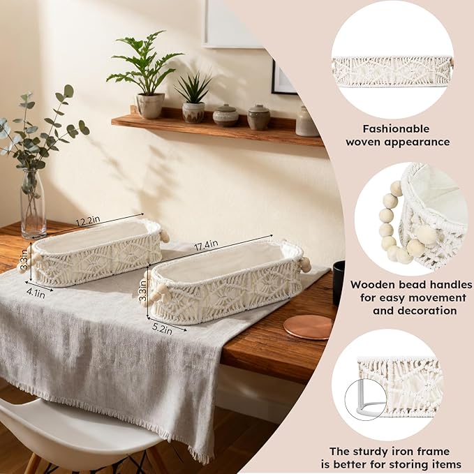 Small Storage Basket for Organizing, Woven Boho Decor Oval Macrame Toilet Paper Baskets for Toilet Tank Top Living Room Bedroom Entryway Decorative Counter Home Decor, Set of 2, White