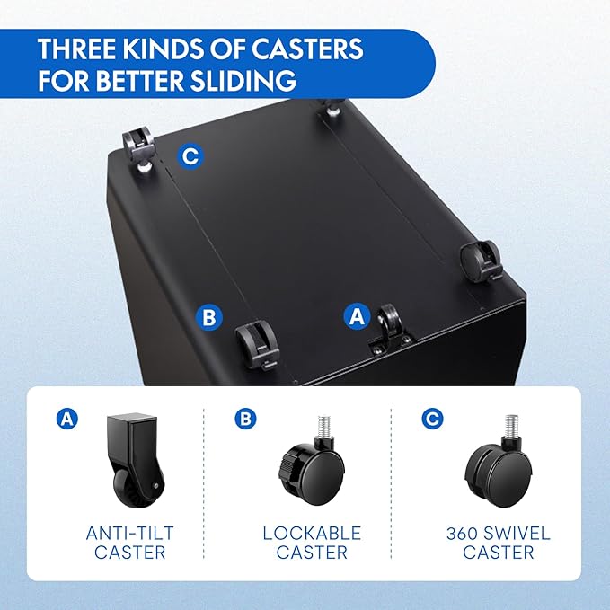 FLEXISPOT Metal File Cabinet for Home Office Mobile File Cabinet with Lock 3 Drawer Filing Cabinets for Legal/Letter/A4 File, Round Corner Design,Black