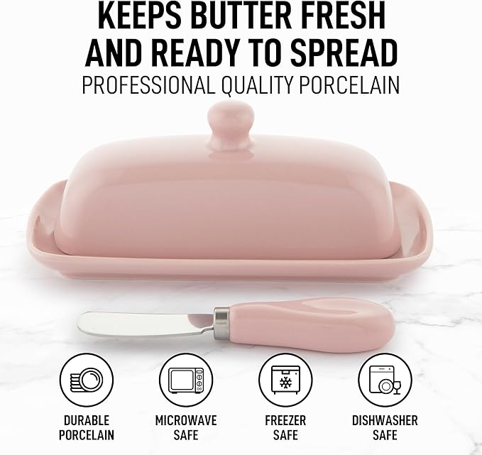 Zulay Butter Dish With Lid For Countertop - Porcelain White, Ceramic Butter Dish with Knob Handle Great for Cooking - Elegant Design Butter Holder - Durable & Sturdy Butter Keeper - Pink
