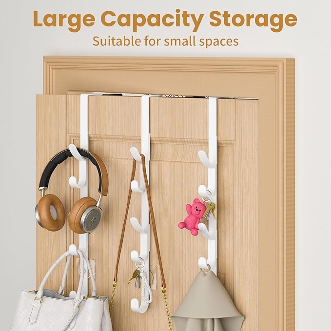 Over The Door Hooks, Metal Door Hooks for Hanging, Over The Door Purse Organizer for Coat Hanger, Back of Shower Door for Hanging Towel Rack Clothes, Hat, Bathroom, Closet (White-3Packs)