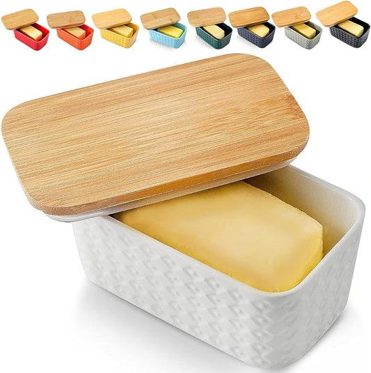 Hasense Large Butter Dish with Lid for Countertop - Farmhouse Ceramic Butter Container Holder with Cover for Fridge,Silicone Sealing,White Embossed Pattern,Holds Two Sticks of Butter