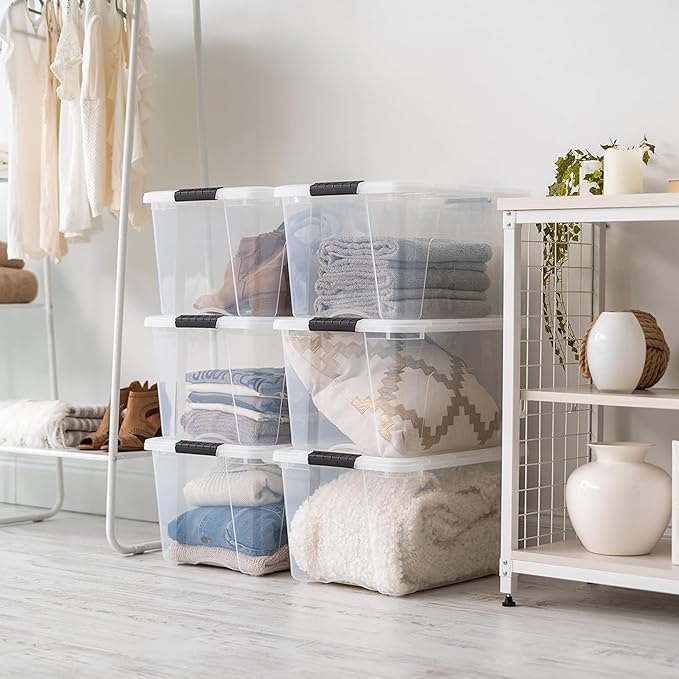 IRIS USA 40 QT Plastic Storage Box with Lid and Latches - 6 Pack - BPA-Free, See-Through Organizing Solution, Durable Nestable Stackable Containers, Secure Pull Handle - Clear