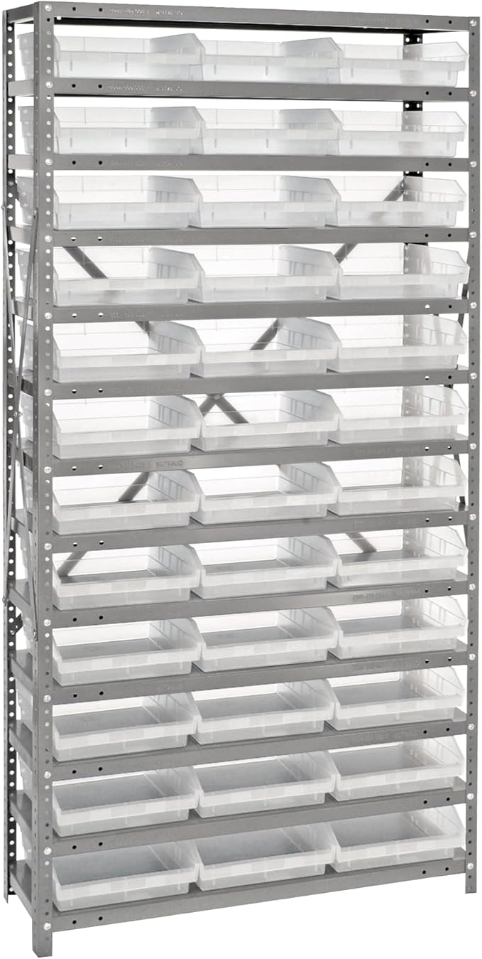 Quantum Storage Systems 1275-109CL Clear-View Sloped Shelving Unit with 4" Shelf Bins, 36 QSB109 Shelf Units, 12" D x 36" W x 75" H