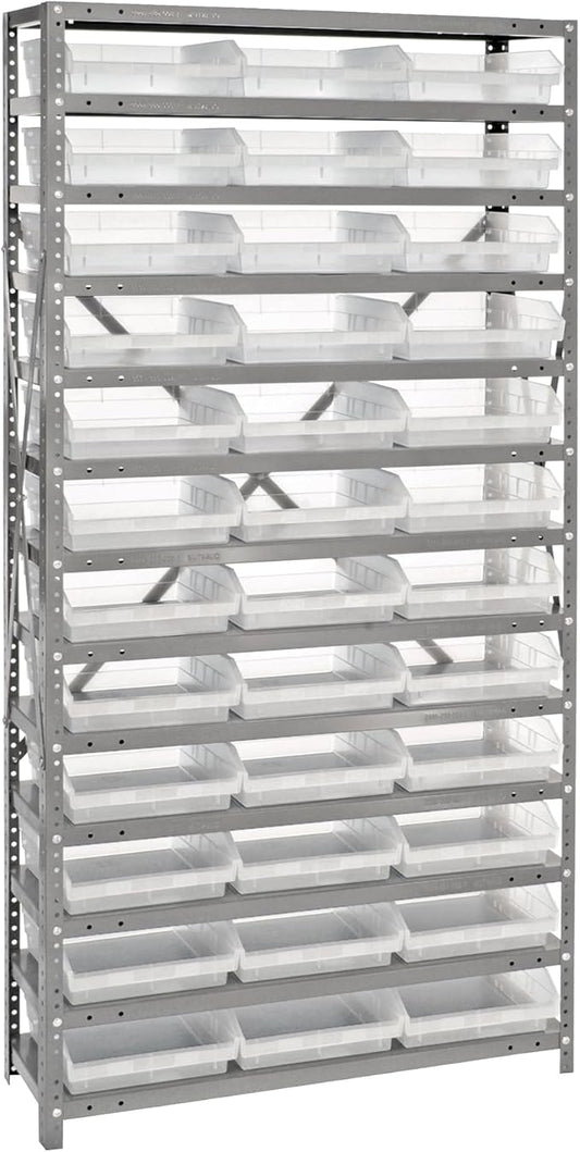 Quantum Storage Systems 1275-109CL Clear-View Sloped Shelving Unit with 4" Shelf Bins, 36 QSB109 Shelf Units, 12" D x 36" W x 75" H