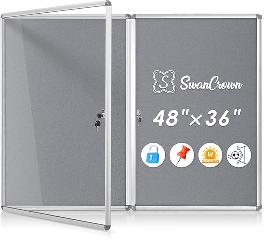 SWANCROWN Enclosed Bulletin Board 36x24 in, Tamperproof Lockable Grey Felt Board Wall Display Case for Office School Home, Aluminum Frame, 2PCS