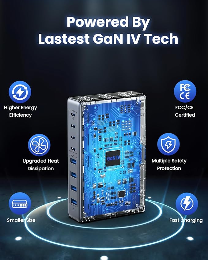 200W USB C Charger Block,GaN IV Charging Station 8 Ports,QC4.0 Fast Charging Station Hub+PD 65W USB C Laptop Charger Adapter Compatible with MacBook Air/Pro,DELL,iPhone 17/16/15,iPad,Steam Deck-Black