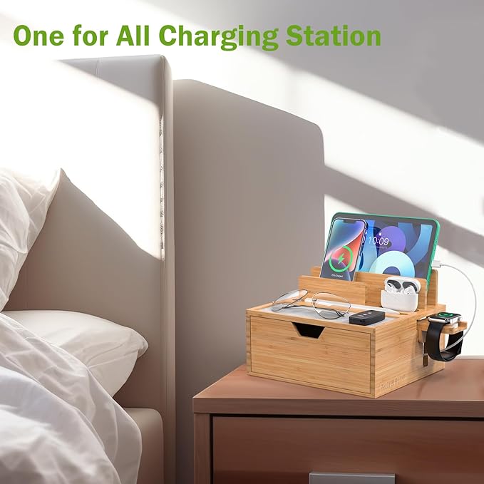 Pezin & Hulin Bamboo Charging Station for Multi Device, with Power Charger & Cables, Nightstand Docking Station with Lined Tray & Drawer, Compatible with Tablet, Cell Phones