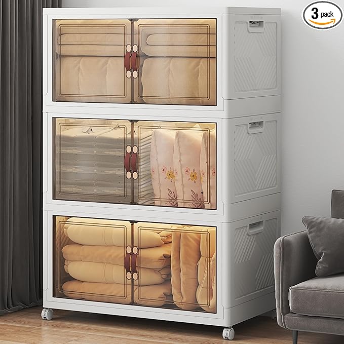 480Qt Stackable Storage Bins with Lids, 3 Pack Large Collapsible Bins with Wheels, Plastic Cabinet with Doors, Foldable Closet Organizers and Storage for Home, Dorm, Office, White