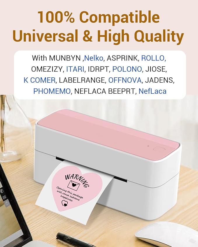 Phomemo 3" Pink Thermal Labels for Shipping Label Printer - Cute Label for Small Business Supplies - 500 Pink Labels/Roll, Cute Heart Stickers Roll for Custom Stickers Personalized & Business