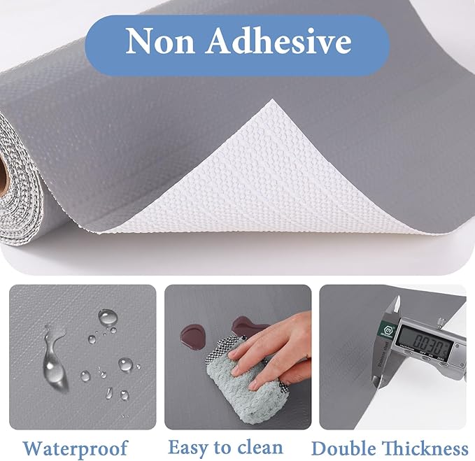 Shelf Liners for Kitchen Cabinets Non Adhesive Drawer Liner 17in x 20FT Pure Grey Thickened Shelf Liner Strong Non-Slip Easy to Clean for Tool Box Refrigerator with Knife and Tape Measure