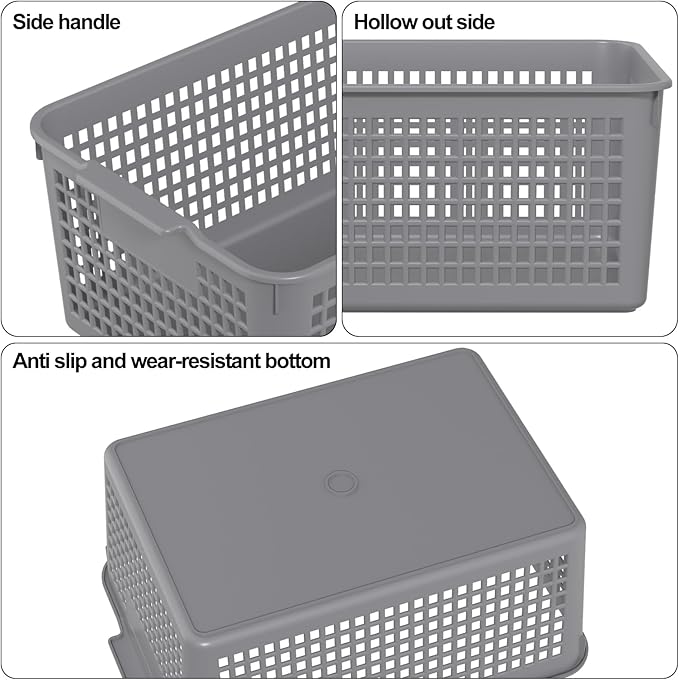 Sandmovie 12-Pack Plastic Storage Basket Desktop Organizer, Large Storage Baskets, Gray