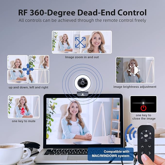 Zoomable Webcam with Remote Control, 1080P 60FPS Streaming with Ring Light and Microphone, Pro USB Webcam with 5X Digital Zoom and Privacy Cover for Zoom/Skype/Teams/PC/Laptop/Mac
