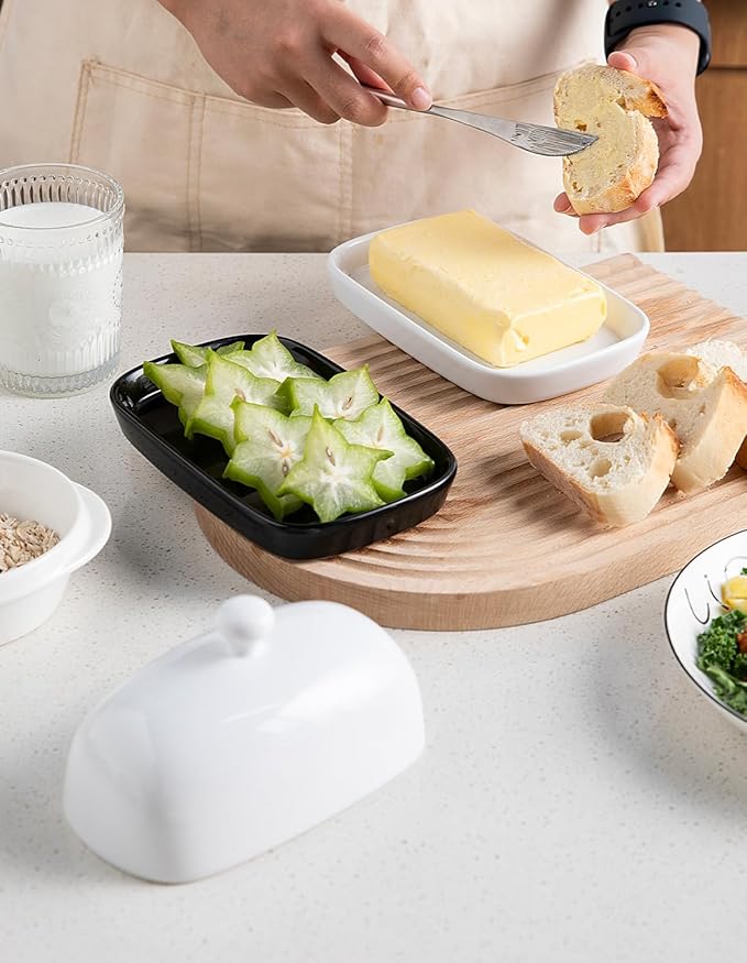 Sweejar Ceramic Butter Dish with Lid for Countertop,Porcelain Butter Keeper with Knob Handle,Butter Container for East/West Coast Butter, 7.1*3.7 inches (White)