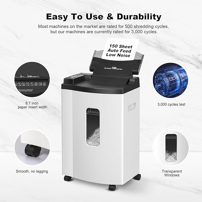 150 Sheet Auto-Feed Paper Shredder, Micro Cut P-5 Super High Security (5/64 x 19/32 inches), Large 6-Gallon Bin, 20 Mins Continuous Run, 55dB Ultra-Quiet for Home Office Use, White