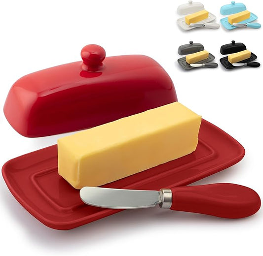 Zulay Kitchen Butter Dish With Lid For Countertop - Porcelain White, Ceramic Butter Dish with Knob Handle Great for Cooking - Elegant Design Butter Holder - Durable & Sturdy Butter Keeper - Red