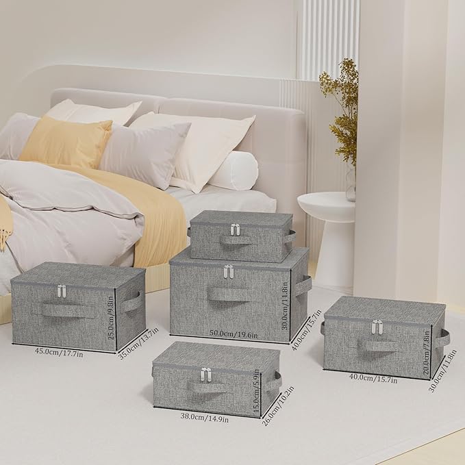 Underbed Storage Box Containers with Lid, Foldable Blanket Baskets, Home Underbed Organization for Organizing Clothes, Shoes, Pillows, 17.7x13.7x9.8Inches, Grey, 2 Pack