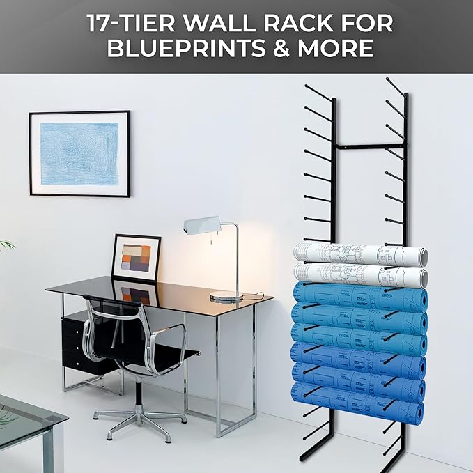 Wall Mount Blueprint Holder Storage Organizer - 34 Slot Blueprint Storage Rack - Blue Print Storage Organizer for Poster Storage, Construction Paper Storage, Map Storage (17 Tiers)
