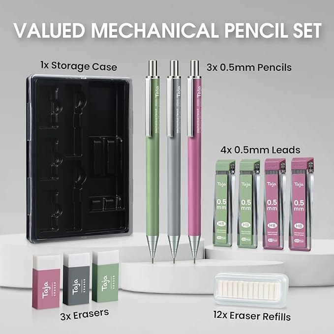 Aesthetic 0.5mm Mechanical Pencil Set with Case – 3 Vintage Mechanical Pencils, 4 Tubes HB #2 Lead Refills, 3 Erasers & 12 Eraser Refills, Cute Pencil Kit for Back to School Stationery Supplies