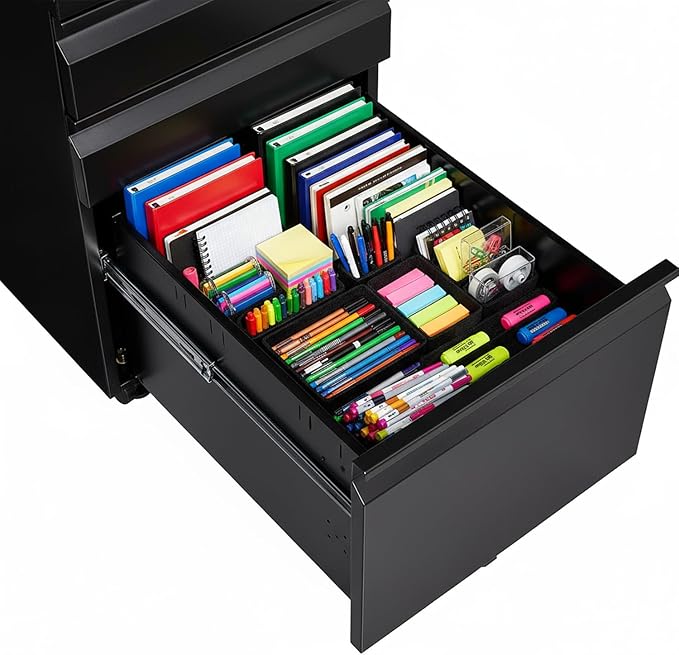 Black Metal 3-Drawer Mobile File Cabinet with Lock, Letter/Legal/A4 Filing Drawer, Rolling Office Storage with 5 Casters, Fits Under Desk, 15.35" W x 17.71" D x 23.62" H